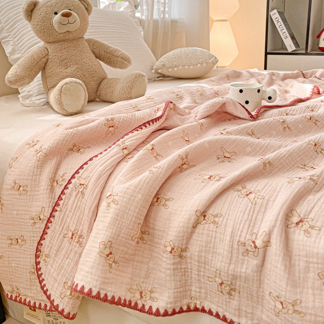 91家纺网 家纺一手货源 找家纺 优被业 2026新款A类全棉双层纱布毯夏被毯盖毯婴儿包被 嗨皮兔