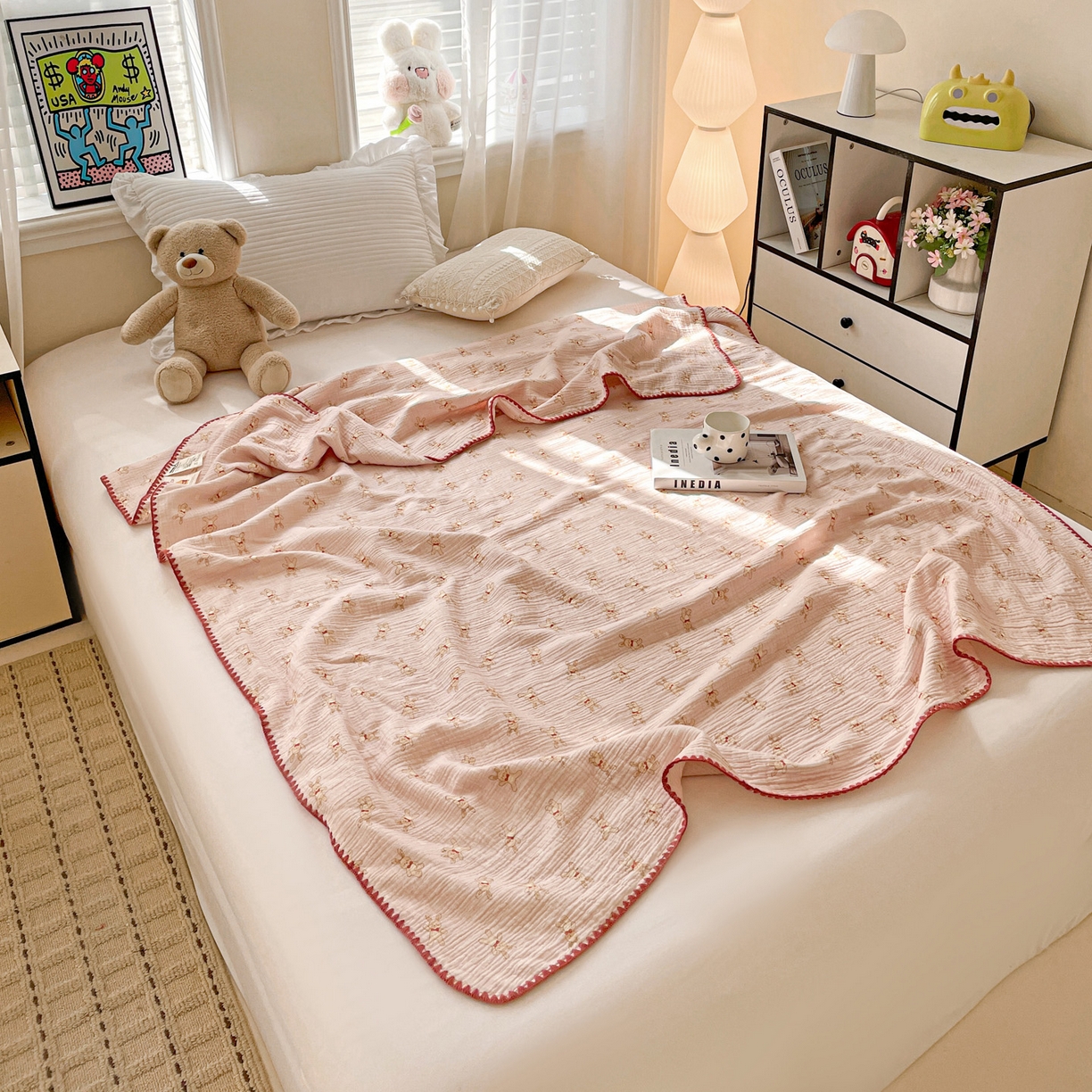 91家纺网 家纺一手货源 找家纺 优被业 2026新款A类全棉双层纱布毯夏被毯盖毯婴儿包被 嗨皮兔