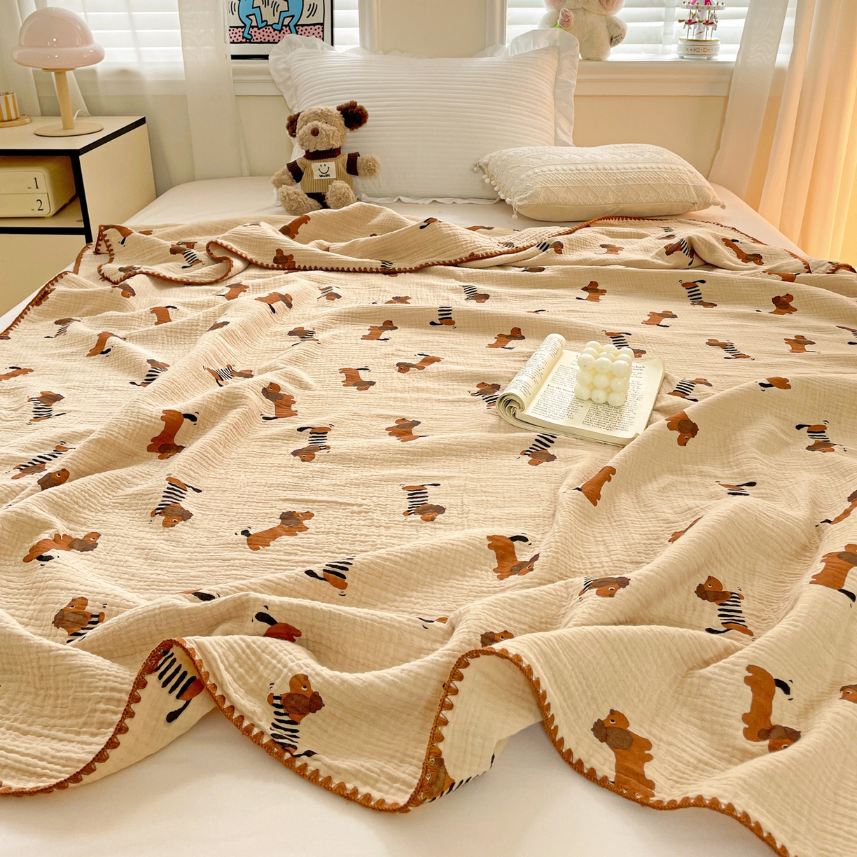 91家纺网 家纺一手货源 找家纺 优被业 2026新款A类全棉双层纱布毯夏被毯盖毯婴儿包被 腊肠狗