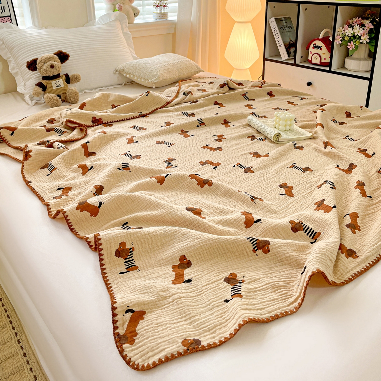 91家纺网 家纺一手货源 找家纺 优被业 2026新款A类全棉双层纱布毯夏被毯盖毯婴儿包被 腊肠狗