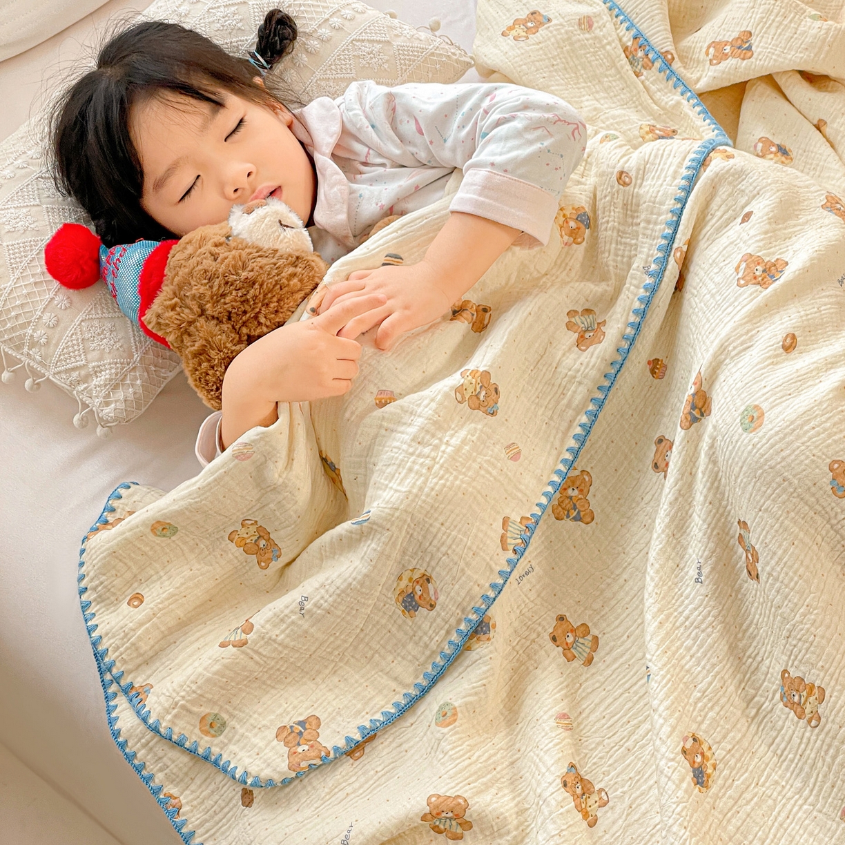 91家纺网 家纺一手货源 找家纺 优被业 2026新款A类全棉双层纱布毯夏被毯盖毯婴儿包被 抱抱熊