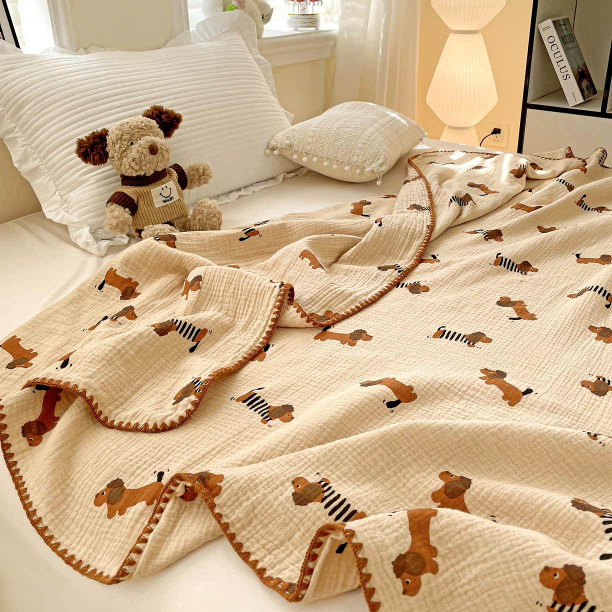 91家纺网 家纺一手货源 找家纺 优被业 2026新款A类全棉双层纱布毯夏被毯盖毯婴儿包被 腊肠狗