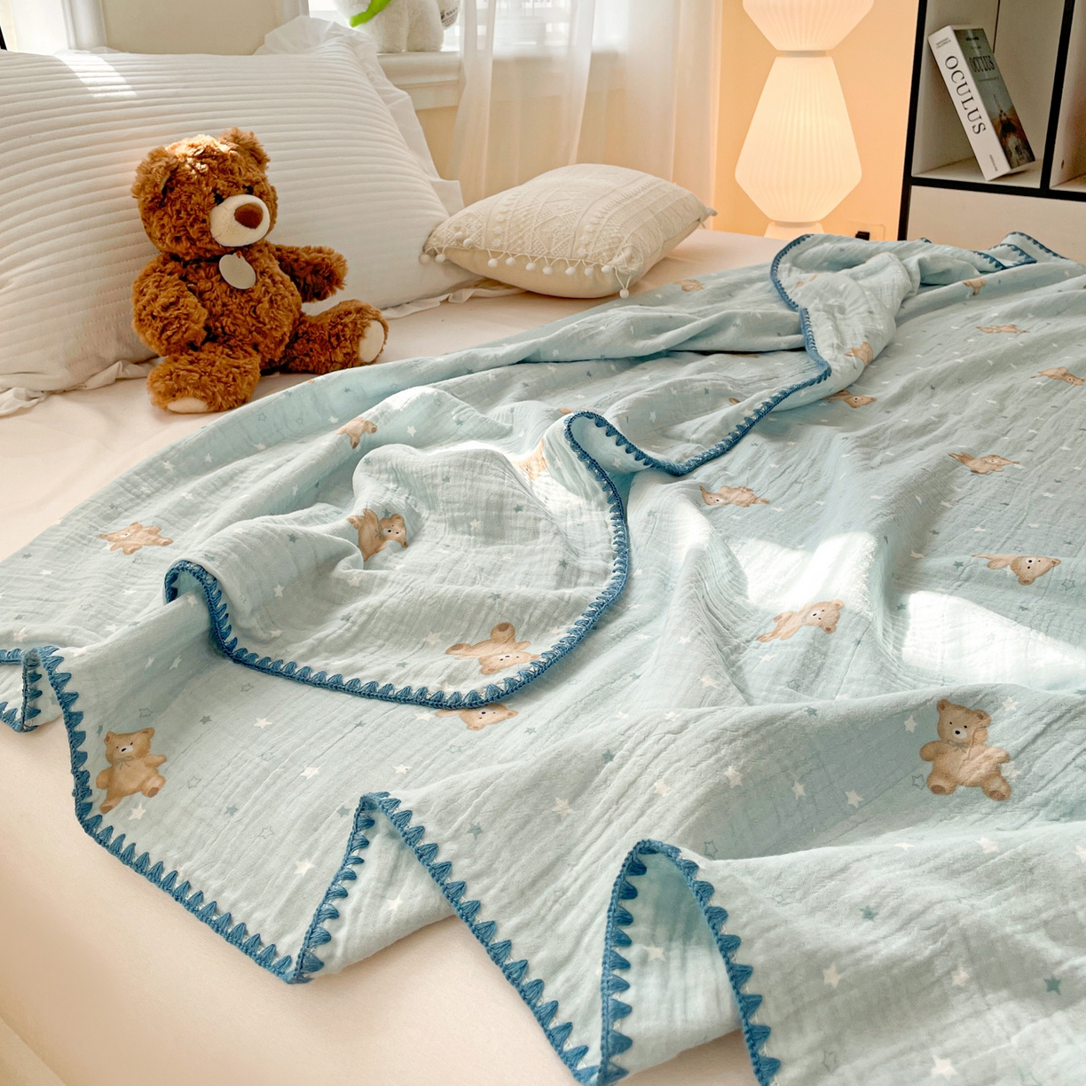 91家纺网 家纺一手货源 找家纺 优被业 2026新款A类全棉双层纱布毯夏被毯盖毯婴儿包被 星斗小熊