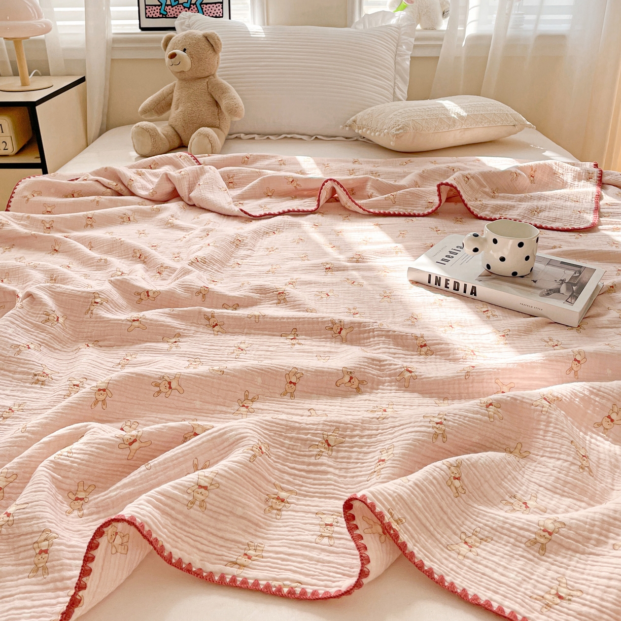 91家纺网 家纺一手货源 找家纺 优被业 2026新款A类全棉双层纱布毯夏被毯盖毯婴儿包被 嗨皮兔