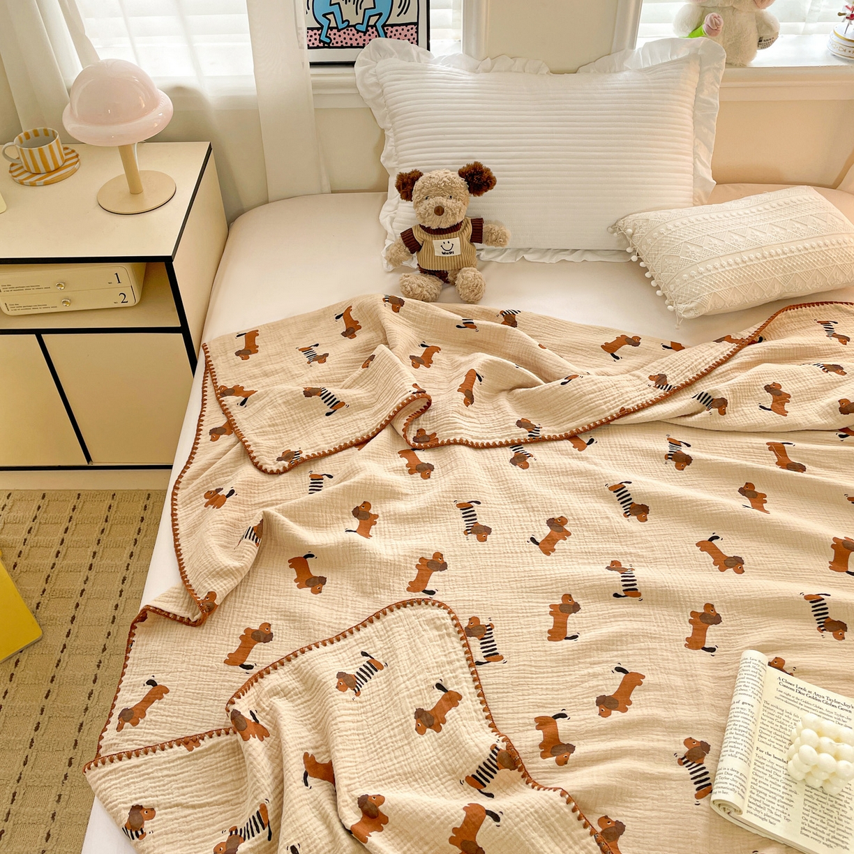 91家纺网 家纺一手货源 找家纺 优被业 2026新款A类全棉双层纱布毯夏被毯盖毯婴儿包被 腊肠狗