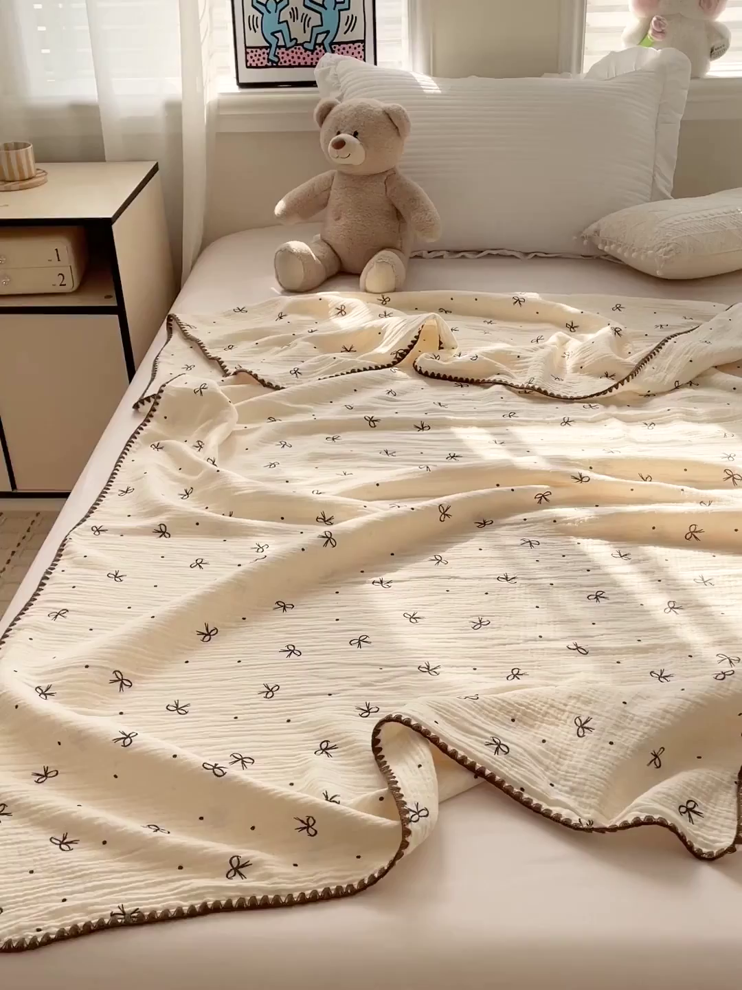 91家纺网 家纺一手货源 找家纺 优被业 2026新款A类全棉双层纱布毯夏被毯盖毯婴儿包被 蝴蝶结