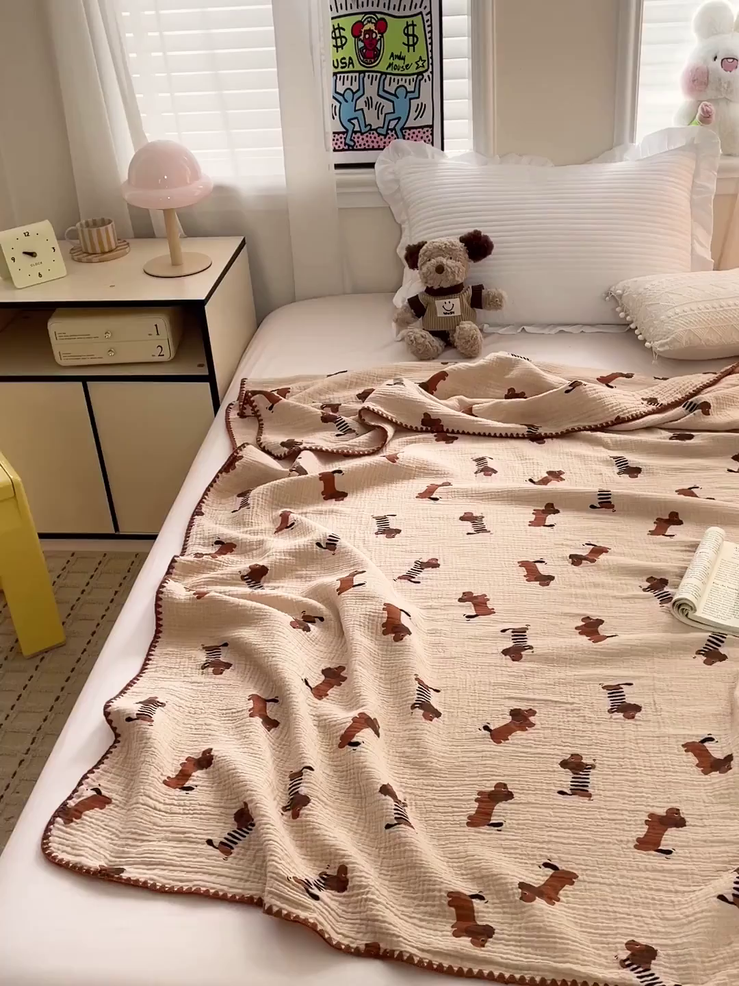 91家纺网 家纺一手货源 找家纺 优被业 2026新款A类全棉双层纱布毯夏被毯盖毯婴儿包被 腊肠狗