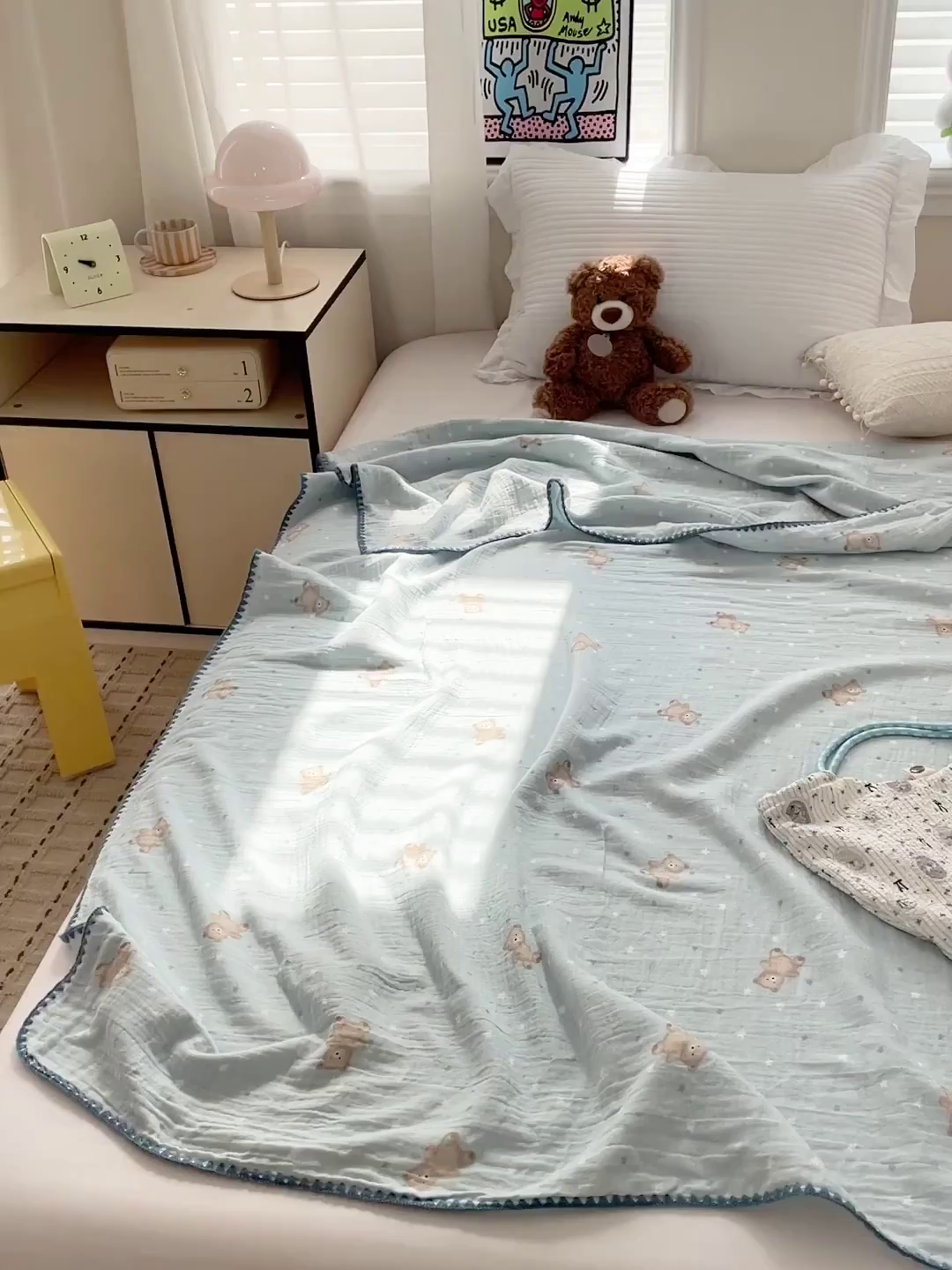 91家纺网 家纺一手货源 找家纺 优被业 2026新款A类全棉双层纱布毯夏被毯盖毯婴儿包被 星斗小熊