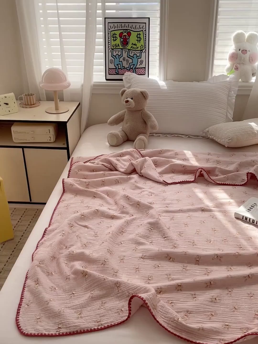 91家纺网 家纺一手货源 找家纺 优被业 2026新款A类全棉双层纱布毯夏被毯盖毯婴儿包被 嗨皮兔