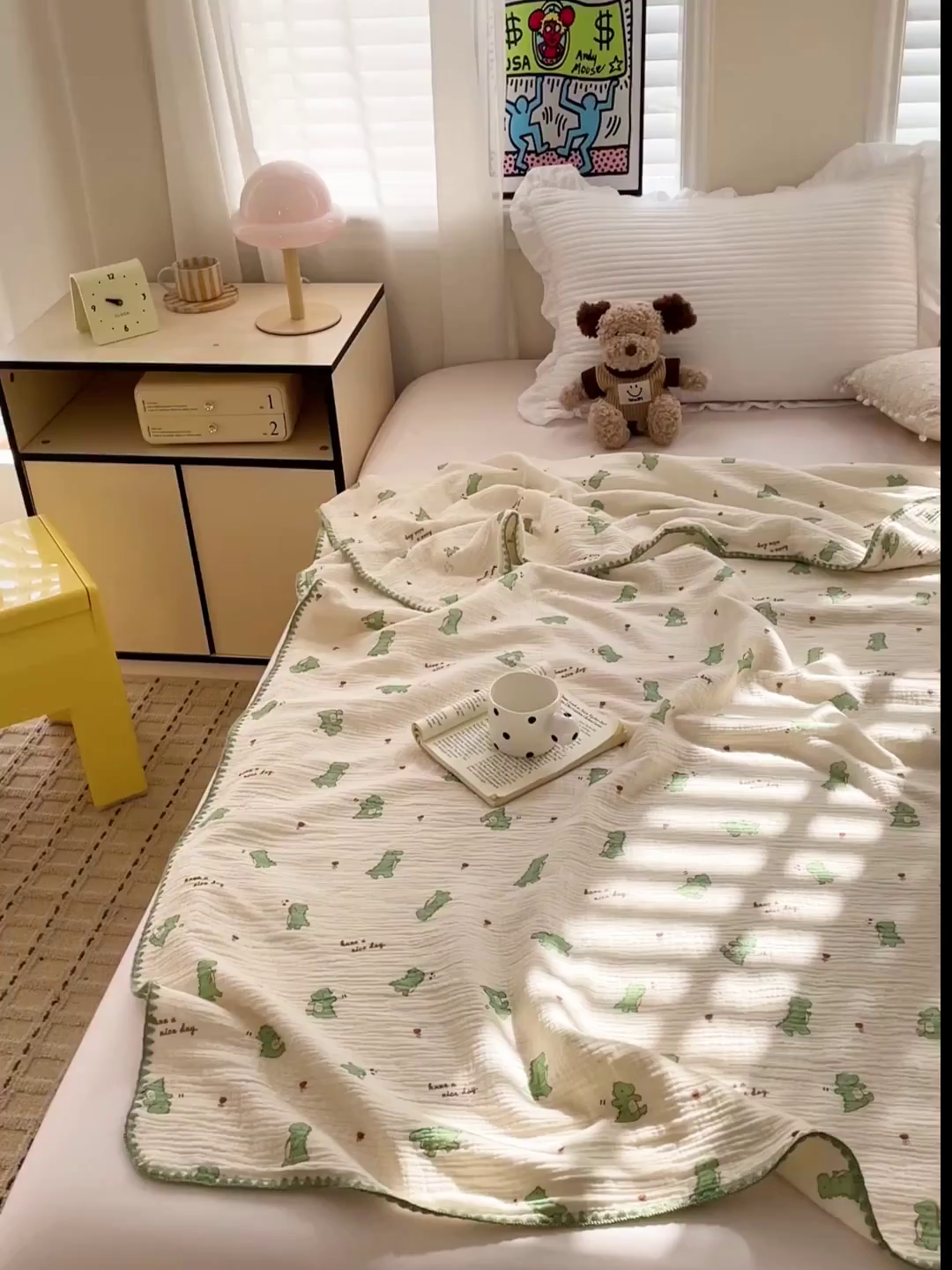 91家纺网 家纺一手货源 找家纺 优被业 2026新款A类全棉双层纱布毯夏被毯盖毯婴儿包被 小恐龙