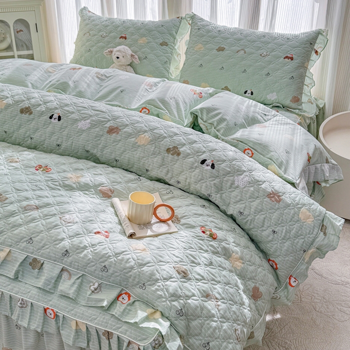 91家纺网 家纺一手货源 找家纺 （总）爱妮玖玖 2026新款全棉纯棉印花蕾丝小花边全套夹棉床裙床笠四件套