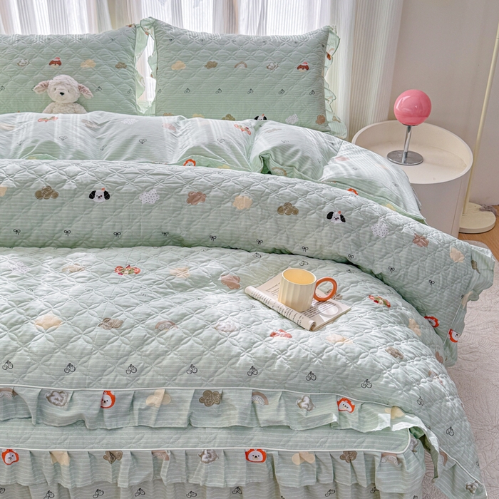 91家纺网 家纺一手货源 找家纺 （总）爱妮玖玖 2026新款全棉纯棉印花蕾丝小花边全套夹棉床裙床笠四件套