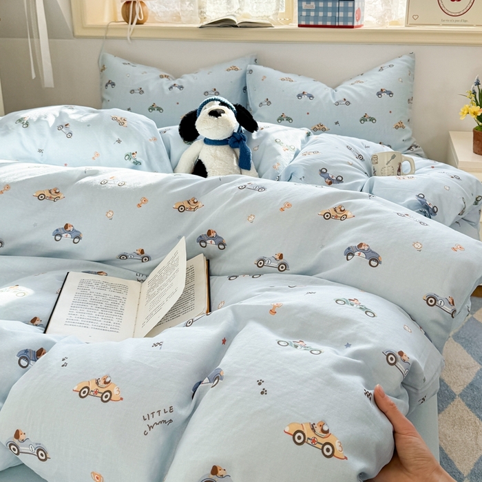 91家纺网 家纺一手货源 找家纺 卓越家纺 2026新款全棉纯棉A类双层纱四件套 汽车狗