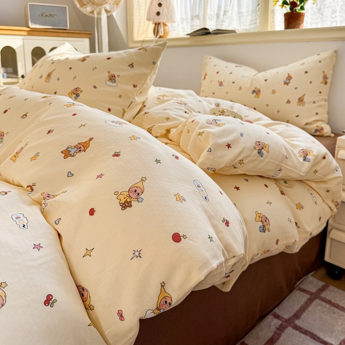 91家纺网 家纺一手货源 找家纺 卓越家纺 2026新款全棉纯棉A类双层纱四件套 可爱星人