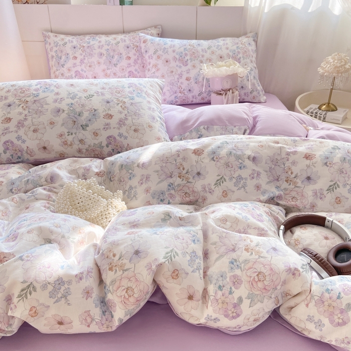 91家纺网 家纺一手货源 找家纺 卓越家纺 2026新款全棉纯棉A类双层纱四件套 花漾