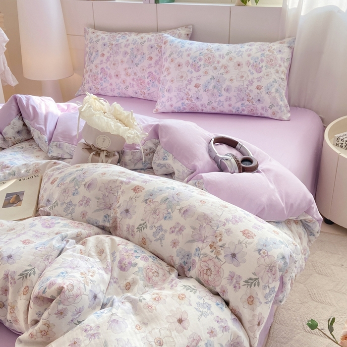 91家纺网 家纺一手货源 找家纺 卓越家纺 2026新款全棉纯棉A类双层纱四件套 花漾