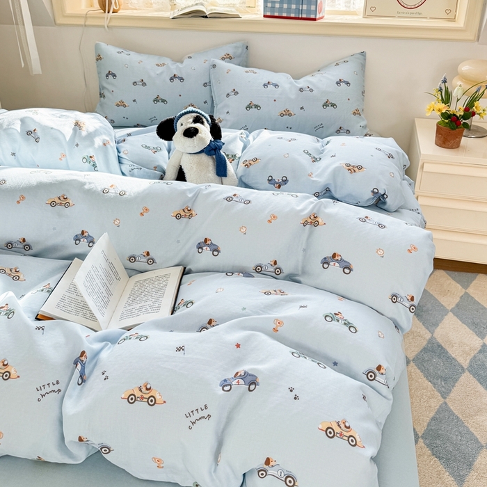 91家纺网 家纺一手货源 找家纺 卓越家纺 2026新款全棉纯棉A类双层纱四件套 汽车狗