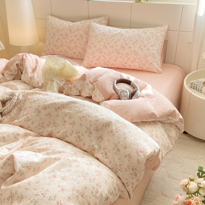 91家纺网 家纺一手货源 找家纺 卓越家纺 2026新款全棉纯棉A类双层纱四件套 秘境花园粉