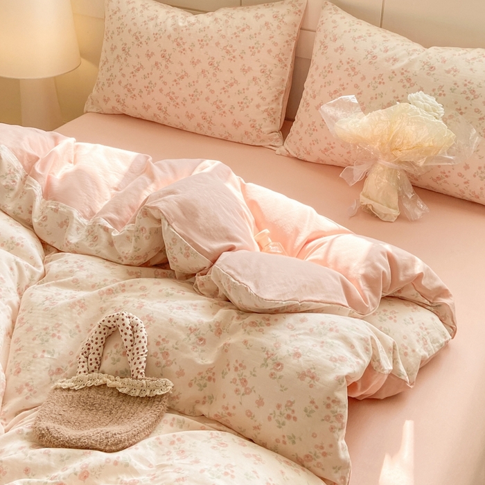 91家纺网 家纺一手货源 找家纺 卓越家纺 2026新款全棉纯棉A类双层纱四件套 秘境花园粉