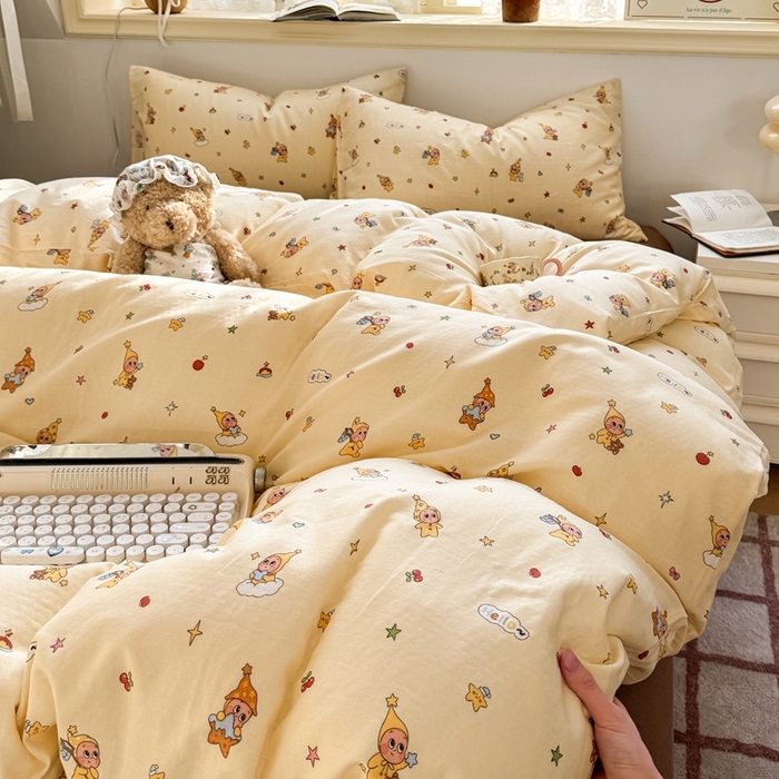 91家纺网 家纺一手货源 找家纺 卓越家纺 2026新款全棉纯棉A类双层纱四件套 可爱星人