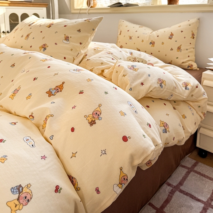 91家纺网 家纺一手货源 找家纺 卓越家纺 2026新款全棉纯棉A类双层纱四件套 可爱星人