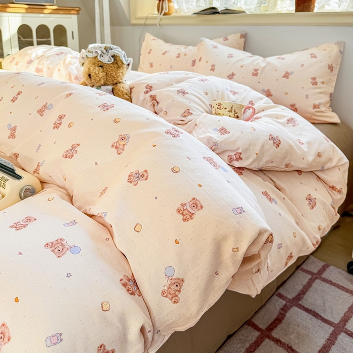 91家纺网 家纺一手货源 找家纺 卓越家纺 2026新款全棉纯棉A类双层纱四件套 乖乖熊