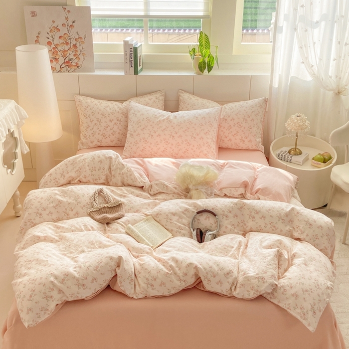 91家纺网 家纺一手货源 找家纺 卓越家纺 2026新款全棉纯棉A类双层纱四件套 秘境花园粉