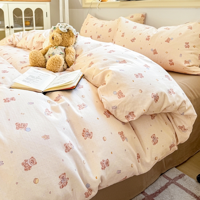 91家纺网 家纺一手货源 找家纺 卓越家纺 2026新款全棉纯棉A类双层纱四件套 乖乖熊