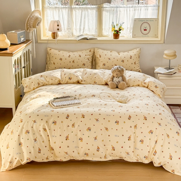 91家纺网 家纺一手货源 找家纺 卓越家纺 2026新款全棉纯棉A类双层纱四件套 可爱星人