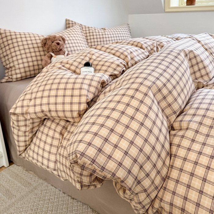 91家纺网 家纺一手货源 找家纺 卓越家纺 2026新款全棉纯棉A类双层纱四件套 复古格棕