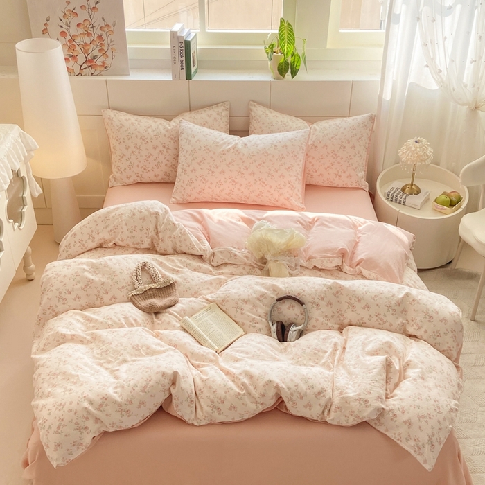 91家纺网 家纺一手货源 找家纺 卓越家纺 2026新款全棉纯棉A类双层纱四件套 秘境花园粉