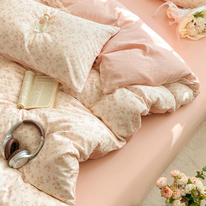 91家纺网 家纺一手货源 找家纺 卓越家纺 2026新款全棉纯棉A类双层纱四件套 秘境花园粉