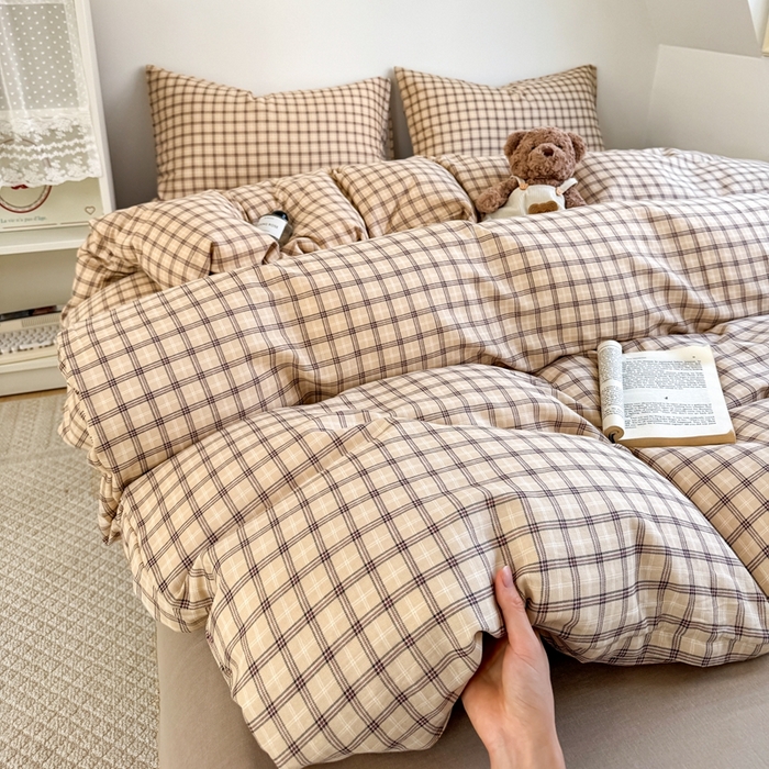 91家纺网 家纺一手货源 找家纺 卓越家纺 2026新款全棉纯棉A类双层纱四件套 复古格棕