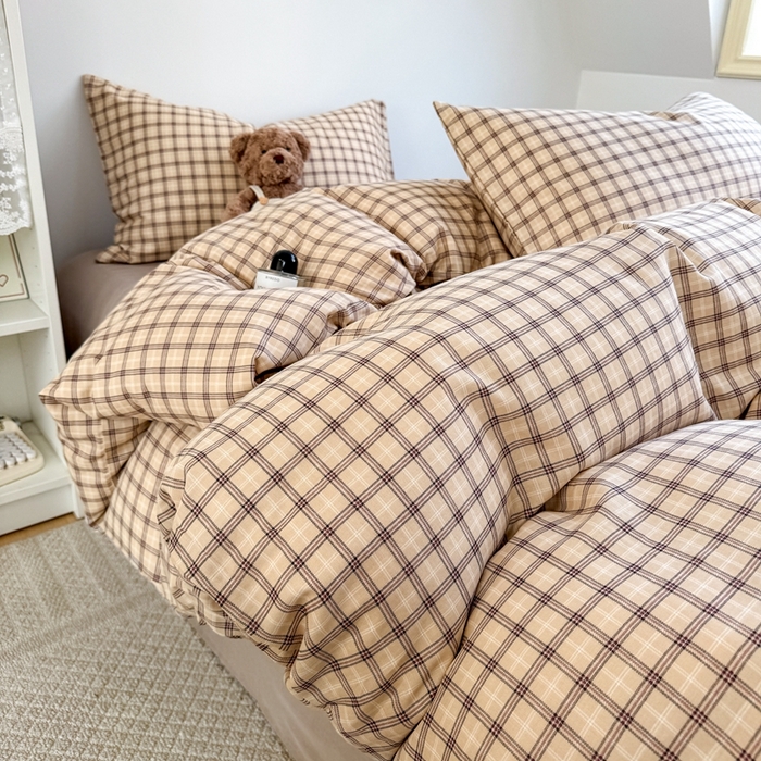 91家纺网 家纺一手货源 找家纺 卓越家纺 2026新款全棉纯棉A类双层纱四件套 复古格棕