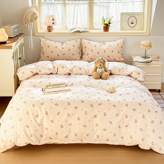 91家纺网 家纺一手货源 找家纺 卓越家纺 2026新款全棉纯棉A类双层纱四件套 乖乖熊