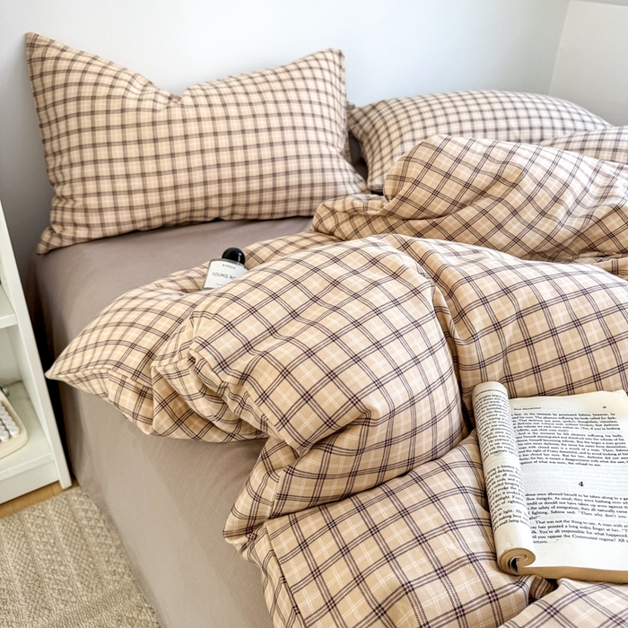 91家纺网 家纺一手货源 找家纺 卓越家纺 2026新款全棉纯棉A类双层纱四件套 复古格棕