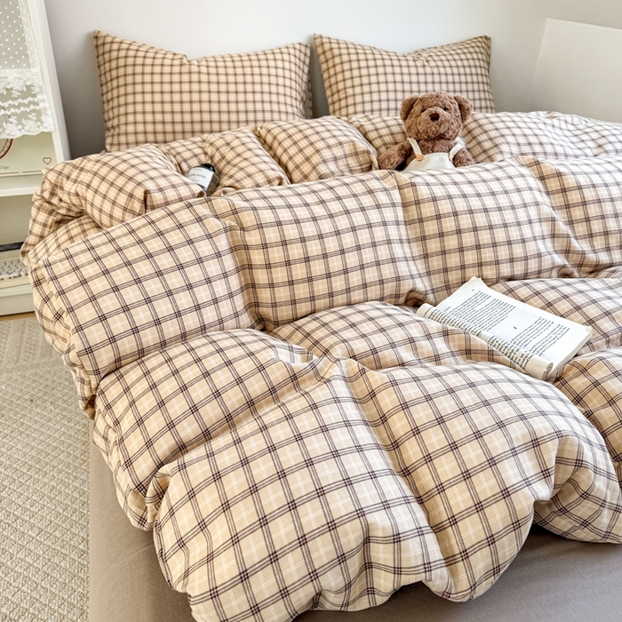 91家纺网 家纺一手货源 找家纺 卓越家纺 2026新款全棉纯棉A类双层纱四件套 复古格棕