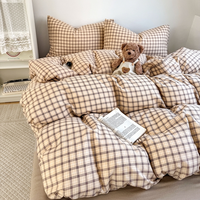 91家纺网 家纺一手货源 找家纺 卓越家纺 2026新款全棉纯棉A类双层纱四件套 复古格棕