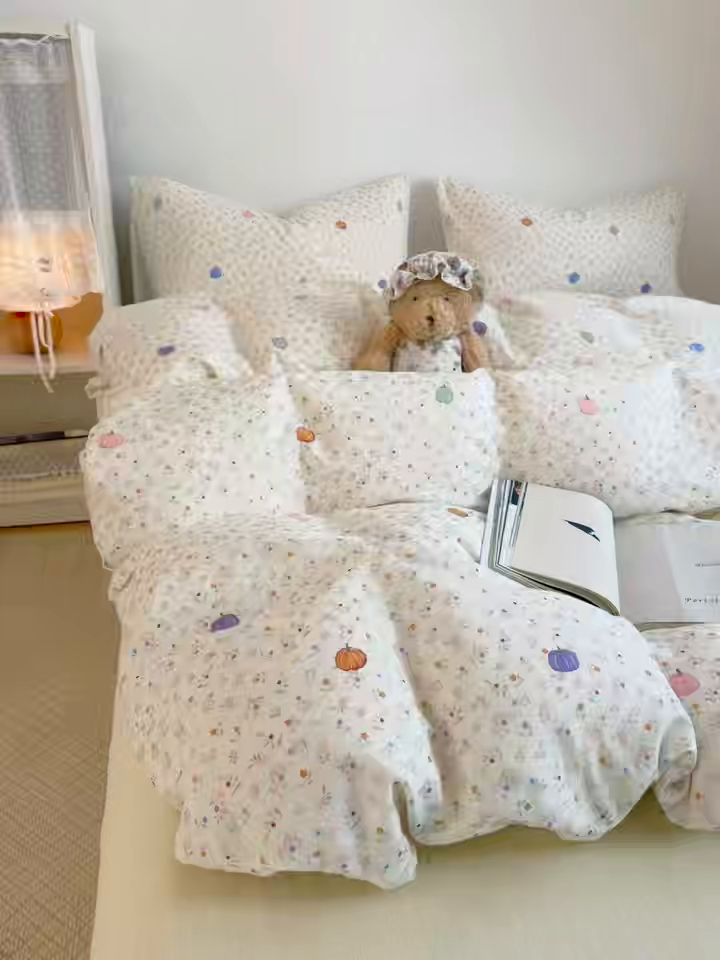 91家纺网 家纺一手货源 找家纺 卓越家纺 2026新款全棉纯棉A类双层纱四件套 旺旺南瓜