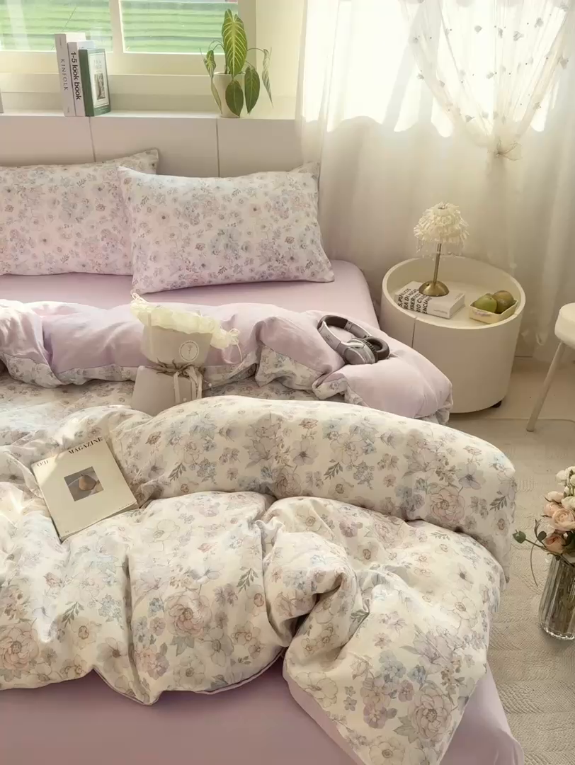 91家纺网 家纺一手货源 找家纺 卓越家纺 2026新款全棉纯棉A类双层纱四件套 花漾