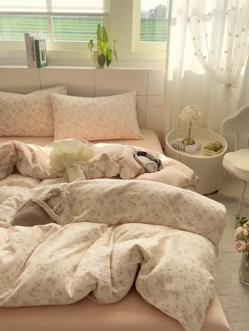 91家纺网 家纺一手货源 找家纺 卓越家纺 2026新款全棉纯棉A类双层纱四件套 秘境花园粉