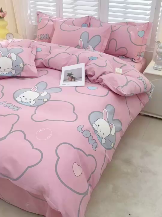 91家纺网 家纺一手货源 找家纺 董成龙 2026新款直播爆款加厚全棉活性磨毛四件套纯棉三件套 仙女兔-粉