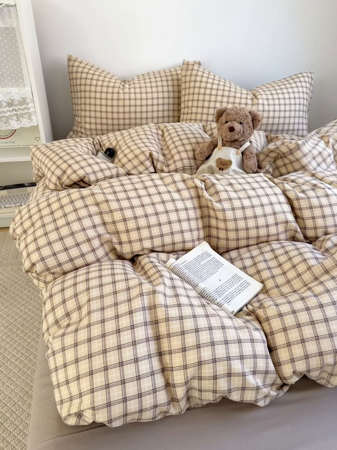 91家纺网 家纺一手货源 找家纺 卓越家纺 2026新款全棉纯棉A类双层纱四件套 复古格棕