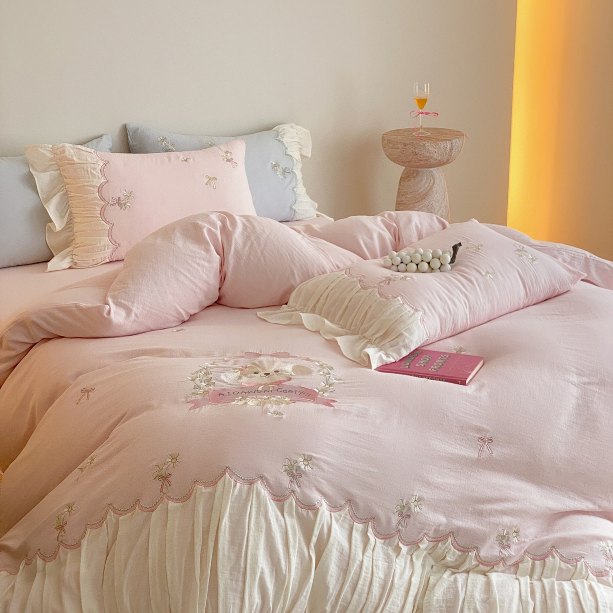 曼布缇 2026新款A类双层纱全棉纯棉工艺款四件套-萌贝尔 萌贝尔-粉