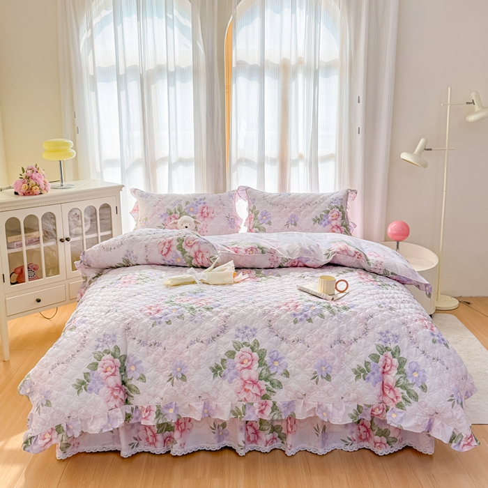 91家纺网 家纺一手货源 找家纺 （总）爱妮玖玖 2026新款全棉纯棉印花蕾丝小花边全套夹棉床裙床笠四件套