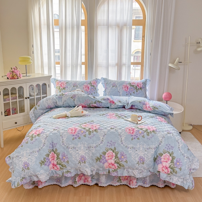 91家纺网 家纺一手货源 找家纺 （总）爱妮玖玖 2026新款全棉纯棉印花蕾丝小花边全套夹棉床裙床笠四件套