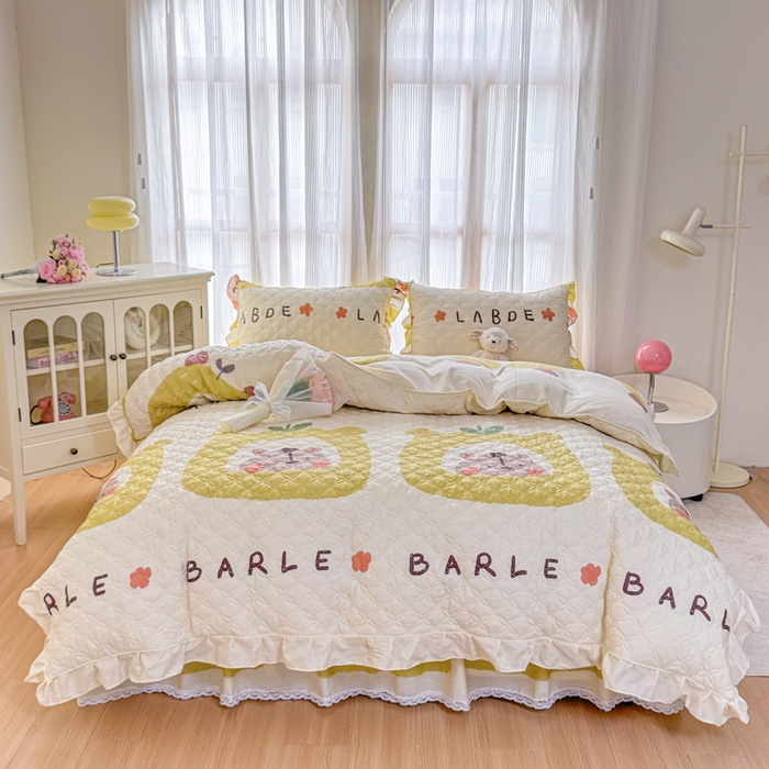 91家纺网 家纺一手货源 找家纺 （总）爱妮玖玖 2026新款全棉纯棉印花蕾丝小花边全套夹棉床裙床笠四件套