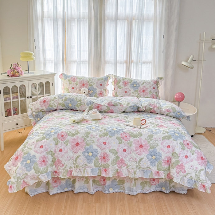 91家纺网 家纺一手货源 找家纺 （总）爱妮玖玖 2026新款全棉纯棉印花蕾丝小花边全套夹棉床裙床笠四件套