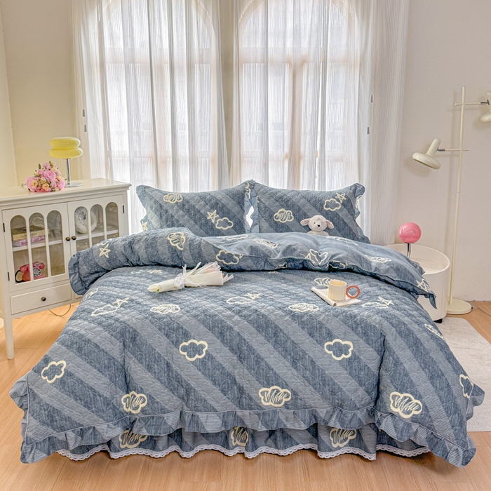 91家纺网 家纺一手货源 找家纺 （总）爱妮玖玖 2026新款全棉纯棉印花蕾丝小花边全套夹棉床裙床笠四件套