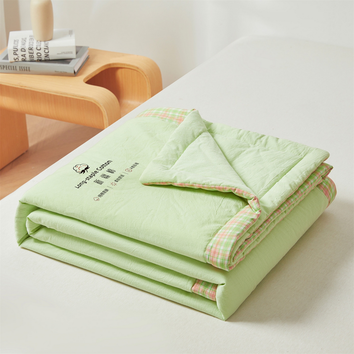 91家纺网 家纺一手货源 找家纺 创优家纺 2026新款棉花夏被无印风纯色新疆棉夏凉被空调被棉花夏被棉花被子百分百新疆棉（专版烫画 盗版必究） 新疆棉-果绿